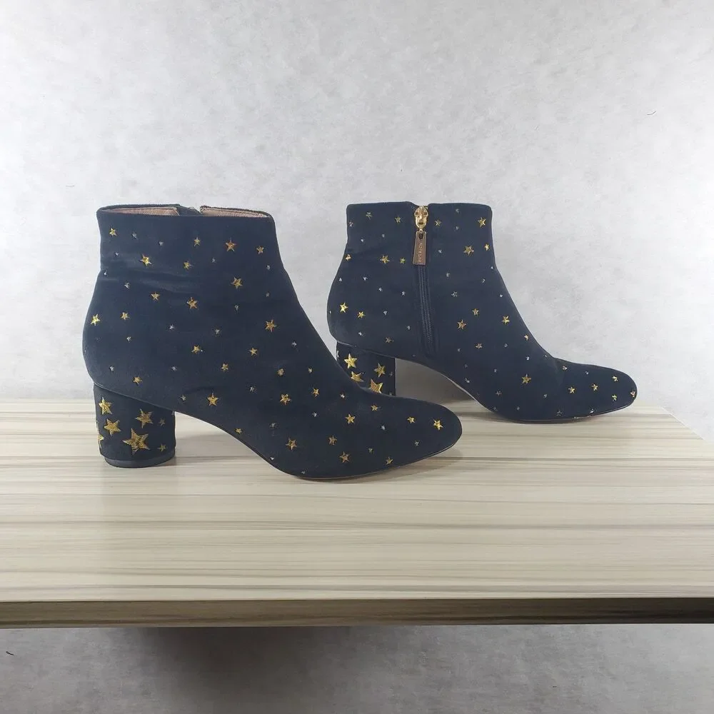 sz 7 Butrich Black Velvet Gold Stars Embroidered Booties Ankle Boots Metallic
